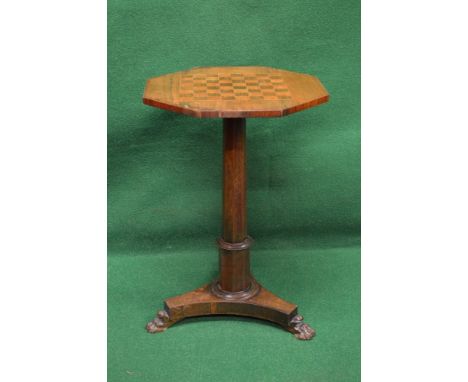 Victorian rosewood chess top occasional table having octagonal shaped top supported on outward tapering octagonal column lead