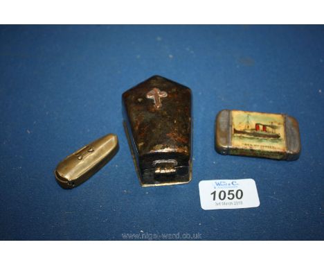 A brass coffin shaped Vesta, rare celluloid wrapped Vesta for 'Douglas, Isle of Man' and a patinated coffin shape snuff or tr