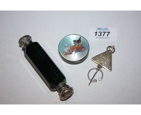 A green glass double ended Scent Bottle with silver lids (damaged), a small Silver and enamel Compact and a silver Pin