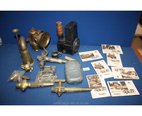 Sixteen Douglas Motorcycle Postcards, a signal Lamp, brass Beer taps, hip flask, etc. 