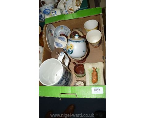 A quantity of china including Royal Winton butter dish, child's plate, Poole pottery jam pot and lid, Torquay ware 'Paignton'