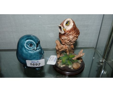 A blue Poole pottery Owl, 4" tall together with a Country Artists Owl, 4 3/4" tall