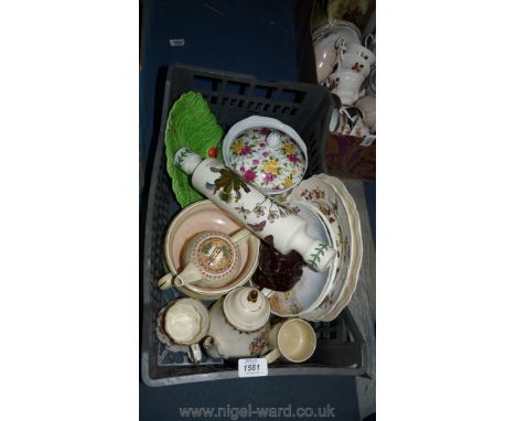 A quantity of china including Portmeirion rolling pin, floral lidded pot and plates, commemorative mug, teapot, etc.