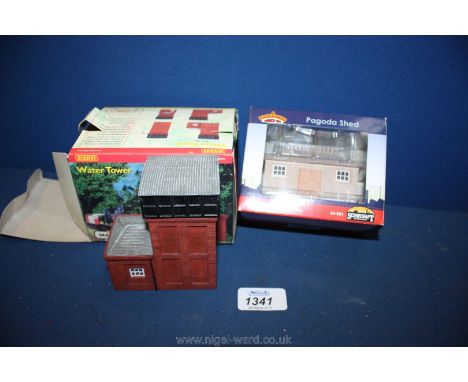 A Bachmann Scenecraft Pagoda shed and Hornby Skaledale water tower, both boxed.