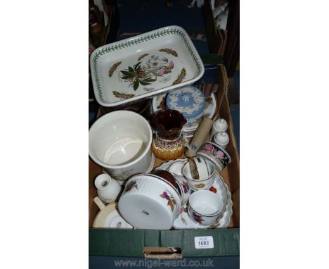 A quantity of china including Royal Worcester 'Evesham' pattern flan dishes and ramekin dishes, Emma Bridgewater owl mug, Cla