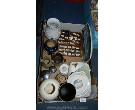 A quantity of china including German, Poole Pottery, Wedgwood Peter Rabbit plate, thimbles collection, studio pottery, etc.