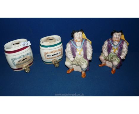 A pair of Melba Ware Henry VIII Figures together with a pair of Spirit barrels 