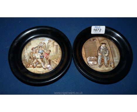 Two framed Prattware Pot Lids; 'The Wolf and the Lamb' and 'On Guard'