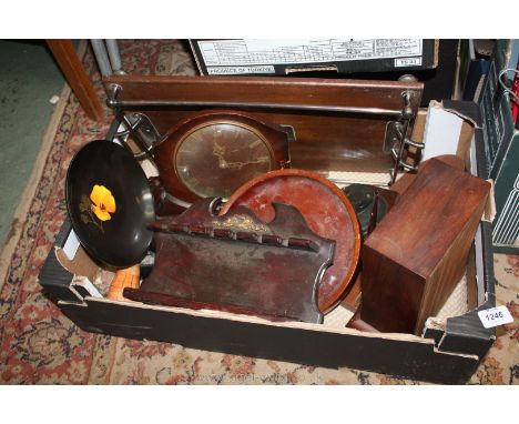 A quantity of miscellanea and treen including pipe rack, clocks, pen holder, miniature Davy Lamp, galleried tray, etc.
