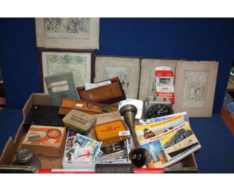 A quantity of miscellanea including empty cigarette card albums, dice, chess clock, Philatector electric watermark detector, 