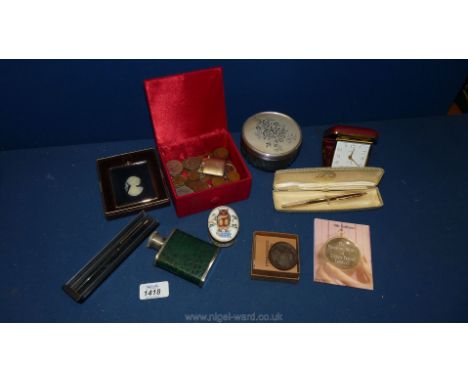 Miscellaneous items including hip flask, radio controlled wristwatch, trinket pots, pens, etc. and miscellaneous coins includ