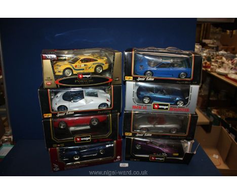 Eight Boxed Assorted Sports Cars 118 scale including Shelby Cobra, Dodge Viper, Porsche Boxster, Ford GT 90, Porsche 911, Bug