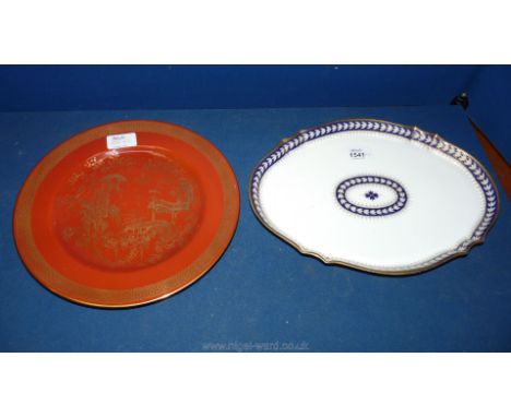 A Wedgwood porcelain Tray decorated with blue and gilt with a shaped rim, 12 1/2'' long and a Spode Plate, rust ground with c