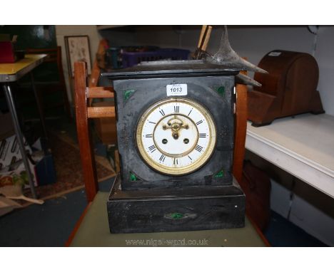 A large marble Clock (as found) having Roman numeral face (hands missing) and large piece of marble missing to the rear