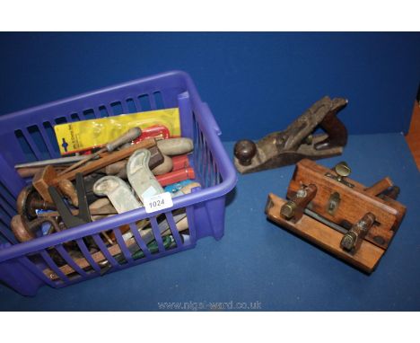 A quantity of old workshop Tools including wood planes, hand drills, knife sharpener, etc.