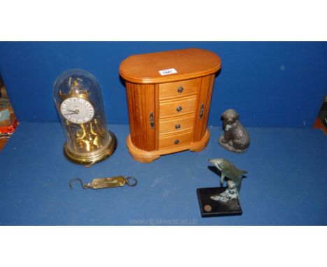 A small quantity of miscellanea to include a German Anniversary Clock, wooden jewellery box, American dolphin figurine SP1, S