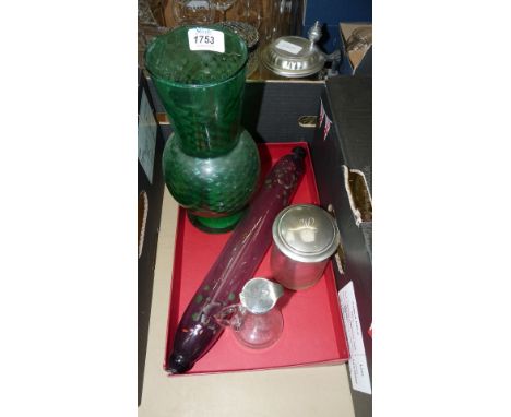 An Italian green glass dimpled vase, mauve glass rolling pin, silver lidded jug (a/f) and a lidded pot