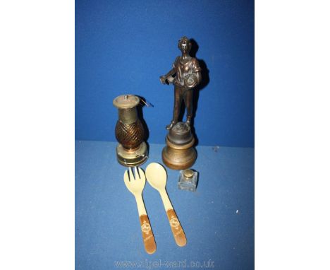 A small quantity of miscellanea including spelter figurine, lamp, small glass ink bottle and salad servers