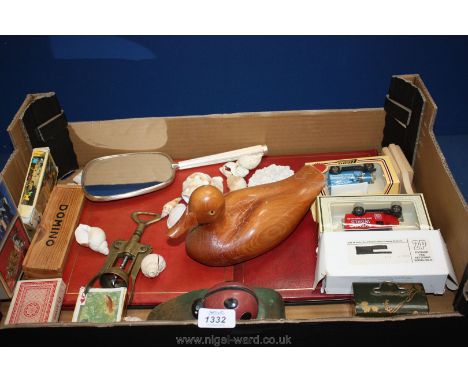 A quantity of miscellanea including three Lledo cars, leather bound writing folder, wooden duck, dominoes, playing cards, Bar
