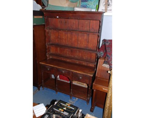 A good 19th c. Pine Potboard Dresser and rack, having three shelf rack with wide back boards, and shaded sides, the base havi