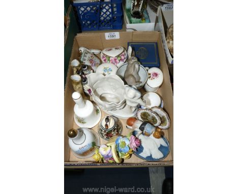 A quantity of china including bells, trinket boxes, Copenhagen rabbit, a figurine of two children playing leapfrog, etc.