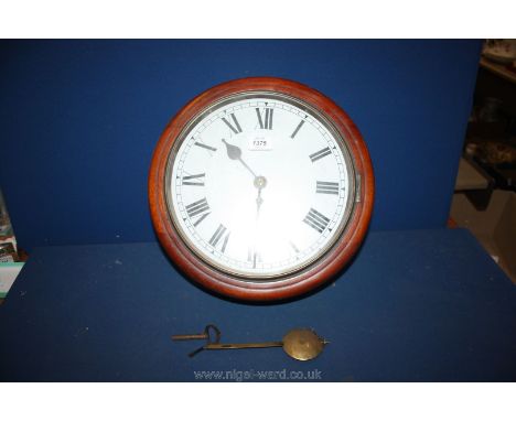 A Victorian Mahogany Wall Clock with circular dial, Roman numeral face and single fusee movement, brass pendant and key