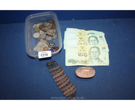 Miscellaneous coins, banknotes, enamel badges, etc