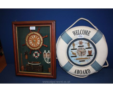 A 'Welcome Aboard' clock in the shape of a lifebuoy decorated with knots, etc., together with a clock with nautical items, ro