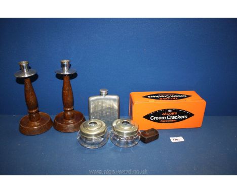 A pair of wooden candlesticks with drip trays, a Walker Hall pewter hip Flask, papier mache snuff box with snuff, Jacobs crea