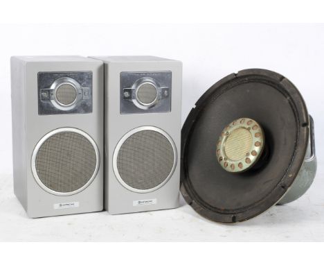 A pair of Hitachi 2 Way Speakers, model HS-M2, no.12005059, height 29cm, together with a vintage speaker of circular form, di