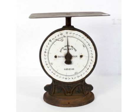 A set of Salter's Postal Parcel Balance scales, with white enamelled dial, 11lbs x 1/2 oz, in cast iron frame and base, 26cm 