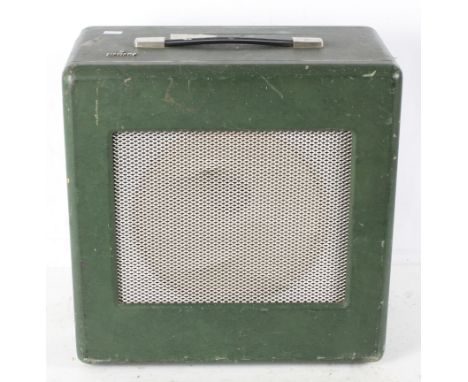 A Siemens portable speaker, containing a RTC 20 Watt speaker, model no. 121/11G, serial no. HF1, within a green wooden carry 