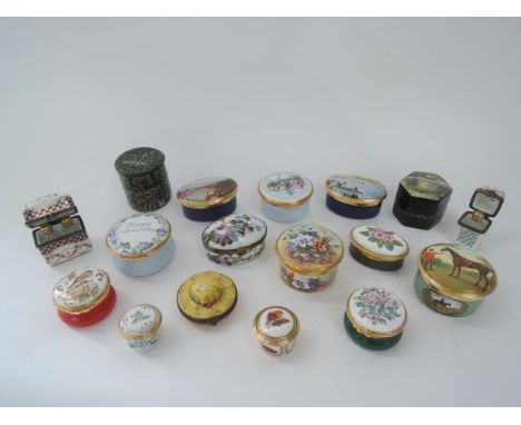 A collection of enamelled and other trinket boxes including Limoges example in the form of a straw hat, Royal Worester exampl