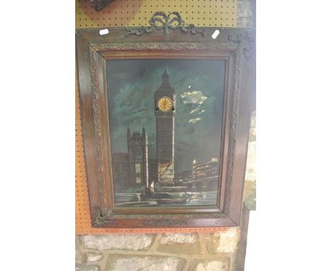 A 19th century lacquered panel with mother-of-pearl chip inlay showing Big Ben and The Houses of Parliament by moonlight, the