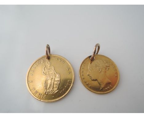 Two gold coin pendants, each pierced to hold jump ring, 11g in total (2)