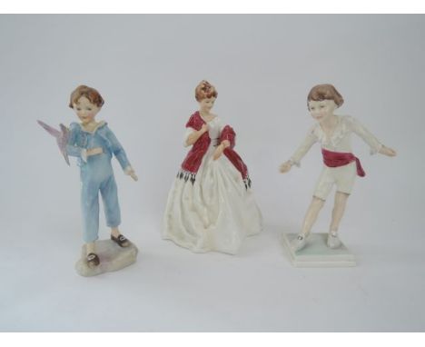 A collection of three Royal Worcester figures modelled by F G Doughty - First Dance 3629, Parakeet 3087 and Masquerade 3359, 