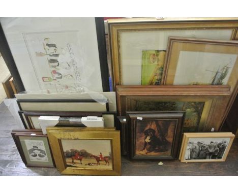 A collection of pictures and prints including an oil painting on board after John Constable showing Salisbury Cathedral, sign