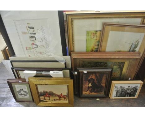 A collection of pictures and prints including an oil painting on board after John Constable showing Salisbury Cathedral, sign