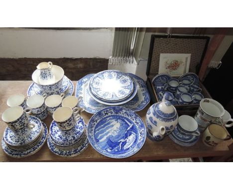 A collection of blue and white printed wares including Royal Worcester tea wares with ivy leaf decoration including cake plat