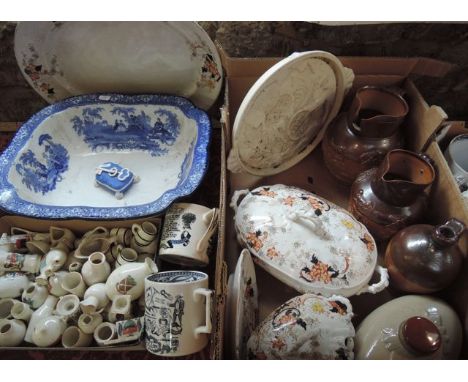 A quantity of ceramics including a Doulton Watteau pattern blue and white printed basin, two salt glazed stoneware jugs with 