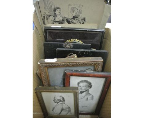 A collection of 19th century and other miniature portraits, frames, etc including a late 18th century engraving of a little b