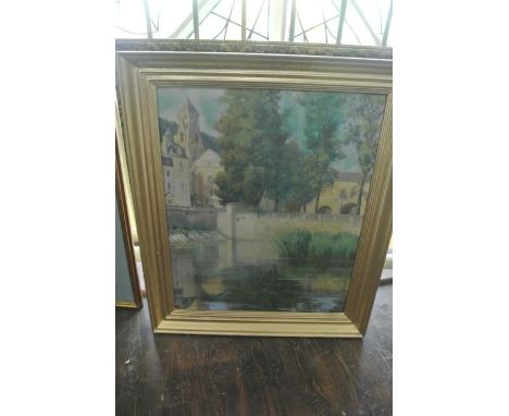 An oil painting on canvas of a continental cityscape viewed from the river, signed bottom right Y Guillaumet, with label vers