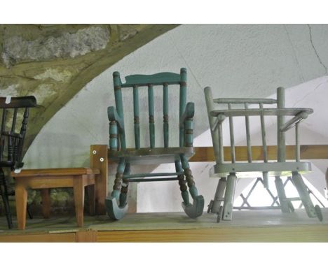 A selection of five articles of miniature furniture constructed in timber to include a rocking chair with turned spindle deta