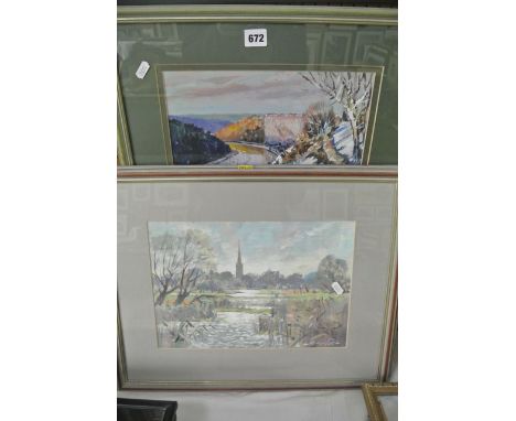 A set of three gouache studies by Michael Long showing Salisbury Cathedral, a hunting scene and a view of the Clifton Gorge, 