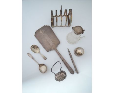 A sterling silver cordial tumbler, Gorham, with hammered finish, engraved "MMA London 1688", 27g; and a miscellaneous collect