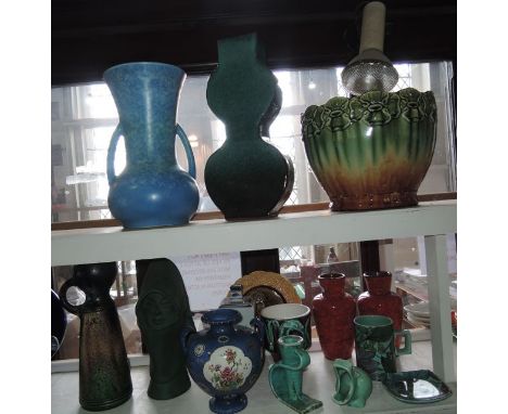 A quantity of various art and Studio Pottery type wares including a vase of shaped two sided form with mottled green glaze, a