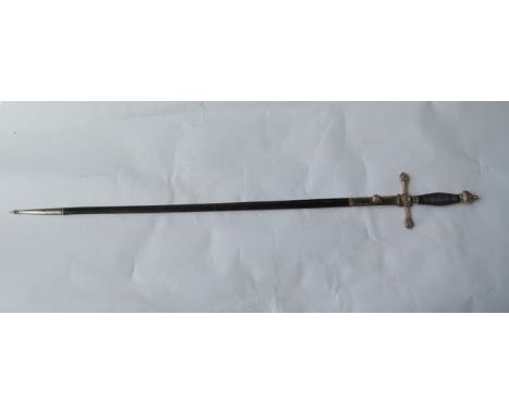 Late 19th century Spanish dress sword with cast brass mounts and timber grip, leather scabbard with plated mounts