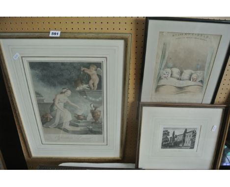 A collection of 19th century and other prints and engravings including a novelty coloured print from the R Evan Sly's New and