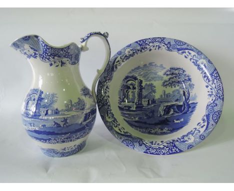 A Spode Italian pattern blue and white printed ewer and basin