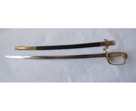 A Victorian Naval Officers Regulation Dress sword with brass mounts, sharkskin grip, the scabbard in leather with mounts - Fi